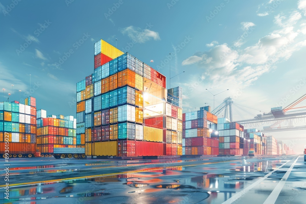 Poster modern logistics hub featuring stacked shipping containers, automated sorting systems, and efficient