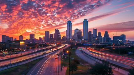 Fototapeta premium A busy city skyline at sunset