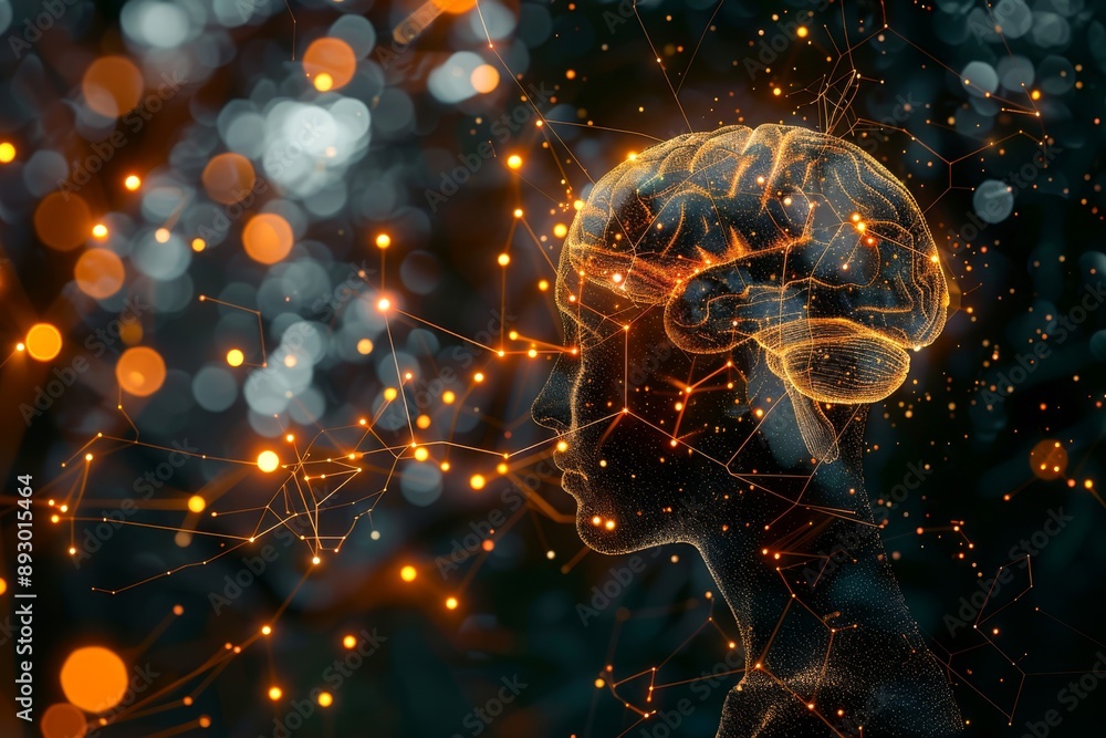 Poster neural network pathways superimposed on a human brain scan, with glowing connections illustrating th