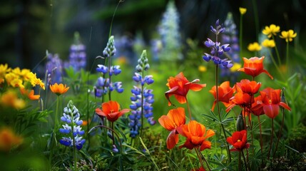 Forest with wildflowers, colorful blooms,