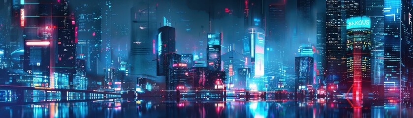 Fototapeta premium Abstract cityscape with neon lights and floating digital elements, cyberpunk backdrop, futuristic city
