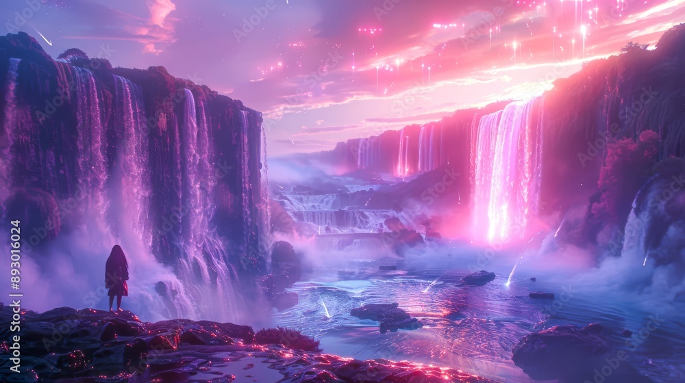 Poster otherworldly landscape with floating islands and waterfalls cascading into a void, bathed in neon li