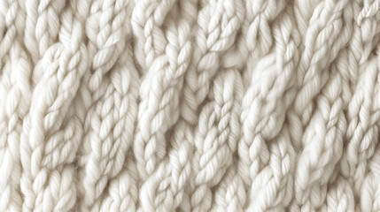 A close up of soft ivory cashimir yarn with many thick knit stitches, the texture is smooth and has an sophisticated and elegant feel to it