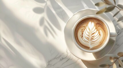 Aesthetic Coffee Concept: Top View of Coffee with Leaf Pattern Foam Art