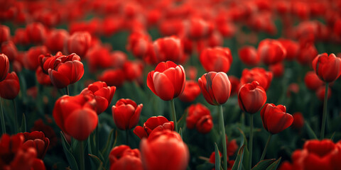 Obraz premium Lively fresh tulip fields, vivid green foliage and bright red tulip flowers