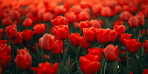 Obraz premium Lively fresh tulip fields, vivid green foliage and bright red tulip flowers