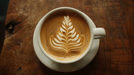 Aesthetic Coffee Presentation: Top View of Tree-Shaped Foam Art on Cappuccino