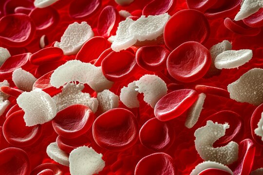 Red Blood Cells and Platelets: A close-up view of red blood cells intermixed with platelets, showcasing the components of blood 