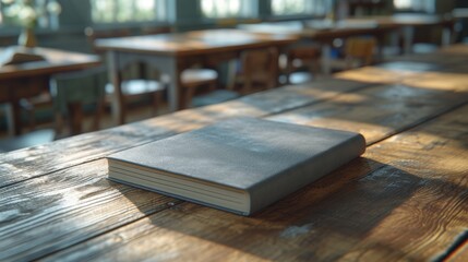A Gray Book Sits on a Wooden Table in a Room With Lots of Windows - Generative AI