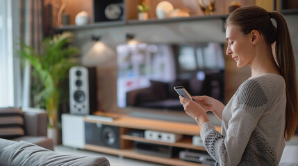 Wireless Home Sound System: A person controlling a wireless home sound system with a smartphone.