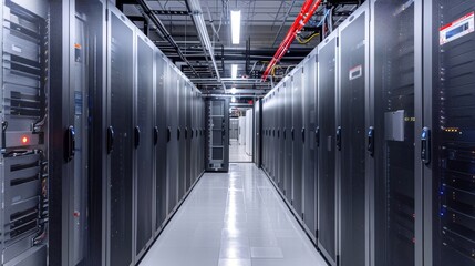 Server room with advanced cooling systems, including liquid cooling units, and energy-efficient hardware for eco-friendly data processing