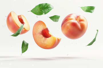 peach with leaves isolated on white