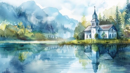 Fototapeta premium Serene church by a peaceful lake with a mountainous backdrop, surrounded by lush forest in a beautiful watercolor painting.