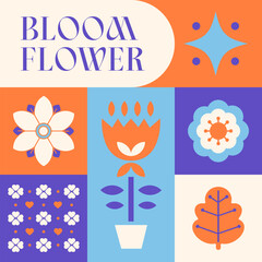 Spring Blooming Flower seamless pattern in scandinavian style postcard with Retro clean concept design 7