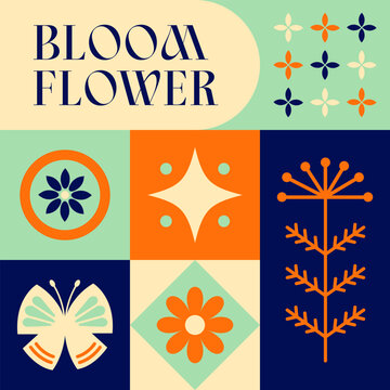 Fototapeta Spring Blooming Flower seamless pattern in scandinavian style postcard with Retro clean concept design 19