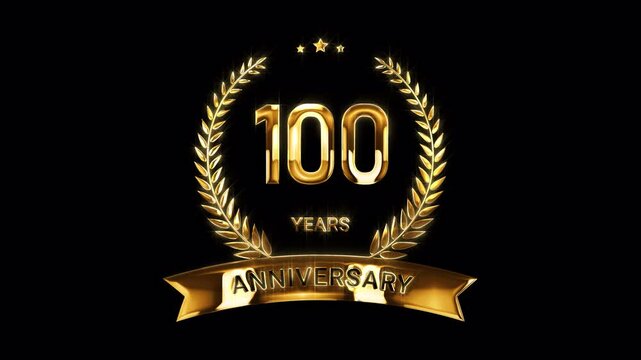 100th Anniversary Celebration. Golden 100 Years Anniversary Animation in Gold Color on the Transparent Background, Alpha Channel. Great for greetings, celebrations, events, and gifts.