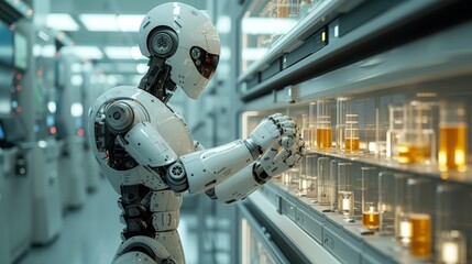 Fototapeta premium A Robot Is Standing In Front of a Shelf Full of Vials and Syringes - Generative AI