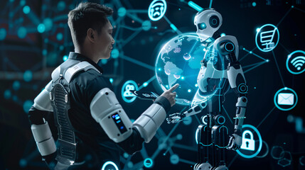 Human with robotic arm and humanoid robot, globe and network icons. Futuristic technology concept for science fiction designs.