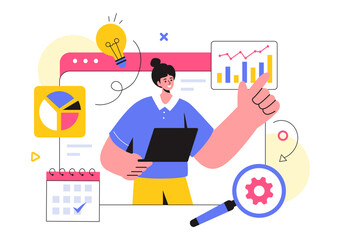 Market Research and Analysis Vector Illustration with Team Management and Analytics for Creating Data Statistics in a Flat Style Cartoon Background