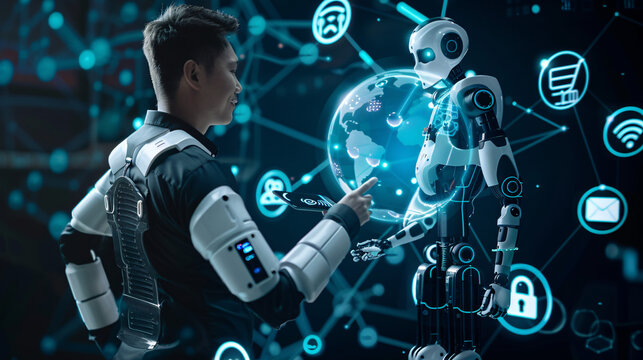 Human with robotic arm and humanoid robot, globe and network icons. Futuristic technology concept for science fiction designs.