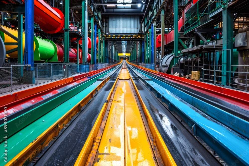 Poster wide-angle shot of a recycling center's sorting floor, with vibrant color-coded pathways and overhea
