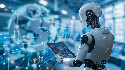 White robot with tablet, futuristic tech and global network concept. Suitable for technology, artificial intelligence, and digital communication designs.