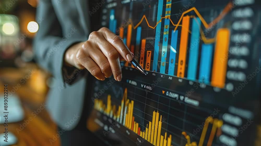 Poster a businesswoman's hand points to a computer screen displaying a graph of financial data, with blue a