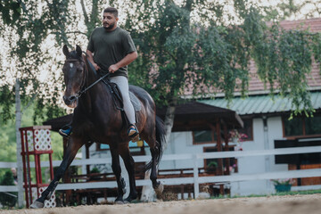 Man expertly riding horse in an outdoor environment showcasing equestrian skills and connection with the animal.