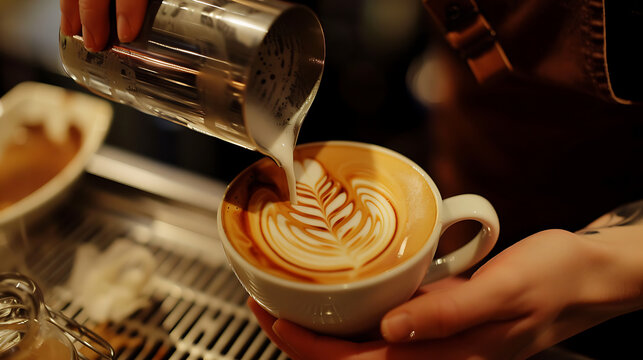 A barista pouring steamed milk into a cup of espresso to create a beautiful latte art pattern 