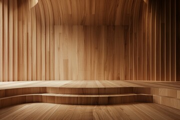 A stage with a smooth, light wood floor and a matching wooden backdrop, creating a warm, minimalist setting. 