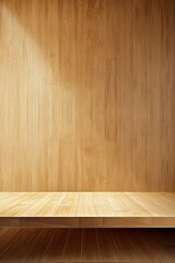 A stage with a smooth, light wood floor and a matching wooden backdrop, creating a warm, minimalist setting. 