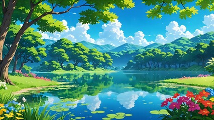 a serene landscape with a clear blue lake reflecting the sky, surrounded by lush green trees and colorful flowers