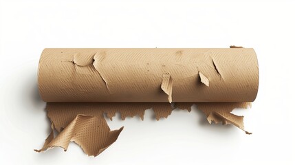 Empty Torn Cardboard Roll on White. Close-up of an empty cardboard roll with torn edges, highlighting recycling and waste management concepts on a white background.