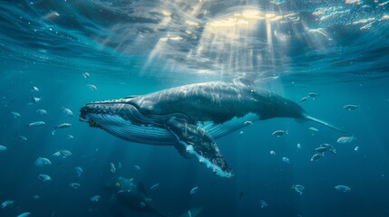 Fototapeta premium A Large Whale Swimming in the Ocean With Many Small Fish Swimming Around It's Tail - Generative AI