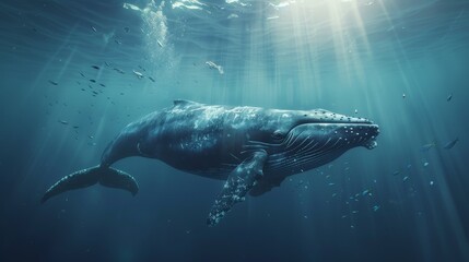 Fototapeta premium A Whale Is Swimming Under the Surface of the Ocean With Many Fish Swimming Around It - Generative AI