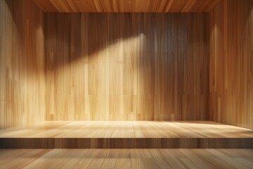 A stage with a smooth, light wood floor and a matching wooden backdrop, creating a warm, minimalist setting. 