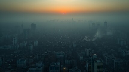 Fototapeta premium A View of a City Skyline With the Sun Setting In the Distance Behind It - Generative AI