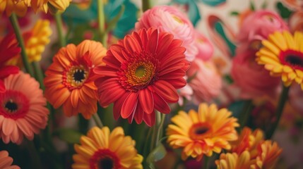 Close-up of vibrant flowers against a decorative backdrop