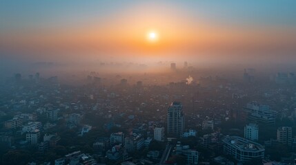 Fototapeta premium A View of a City Skyline With the Sun Setting In the Distance Behind It - Generative AI