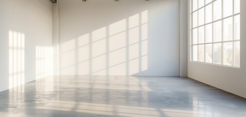 Fototapeta premium Bright empty loft with large windows casting natural light and shadows on polished concrete floor, ideal for creative spaces and shoots. stylish rental workspace with thoughtful design elements