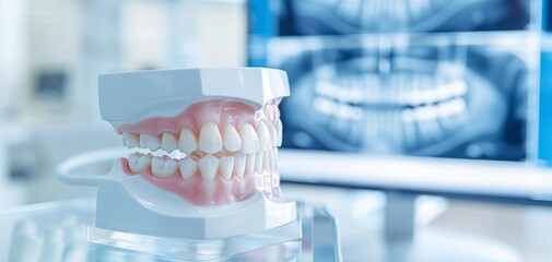 Close-up of a dental model showcasing teeth alignment in a modern dental clinic with X-ray images in the background. healthcare at our state-of-the-art dentistry clinic
