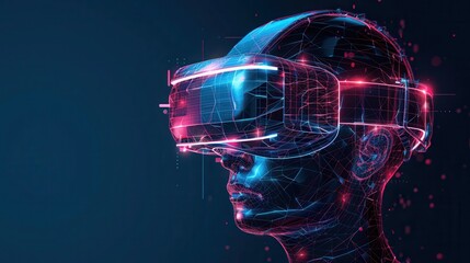 A virtual reality headset is shown in a blue background
