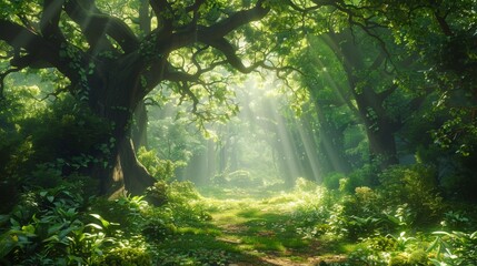 Obraz premium A Large Tree Covered in Green Leaves and Sunlight Coming Through the Branches of the Tree - Generative AI
