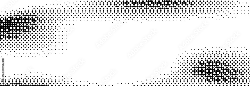 Poster Wavy pixelated bitmap gradient texture. Dither spots background. 8 bit video game screen wallpaper. Retro glitchy pixel art illustration. Abstract vector curve dithering border overlay