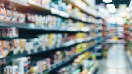 Blurry Supermarket Aisle with Products on Shelves