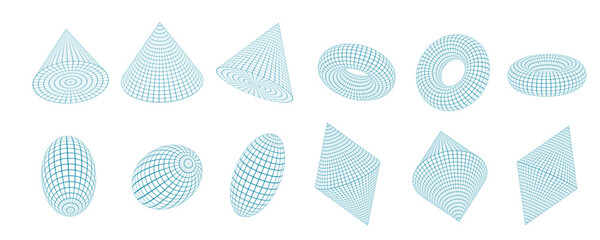 3D abstract collection of wireframe mesh shapes, including cones, toruses, and other forms, displayed on a checkered grid background. Geometric design in a Y2K retro futuristic aesthetic.
