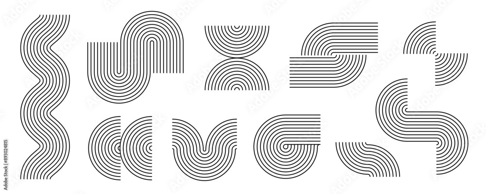 Poster black linear boho style arch and wave set. mid century line curve shapes collection. decorative outl
