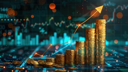 Abstract growth chart with ascending gold coins and a glowing arrow