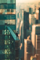 Obraz premium A mini figure businessman standing at the window of a high-rise office building, with a bustling city skyline in the background. 