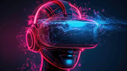 A virtual reality headset is shown in a blue background